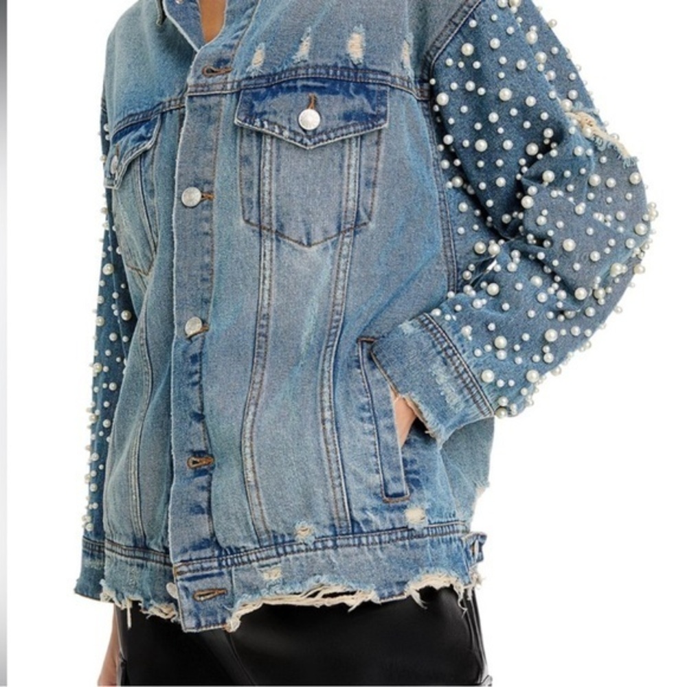 NEW Sunset & Spring Distressed Jean Jacket Oversized Pearl Embellished Denim XS - Picture 2 of 16